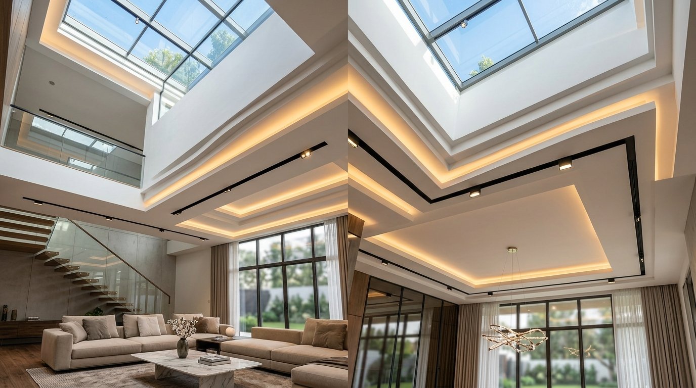 Multi-tier gypsum false ceiling with warm indirect LED cove lighting