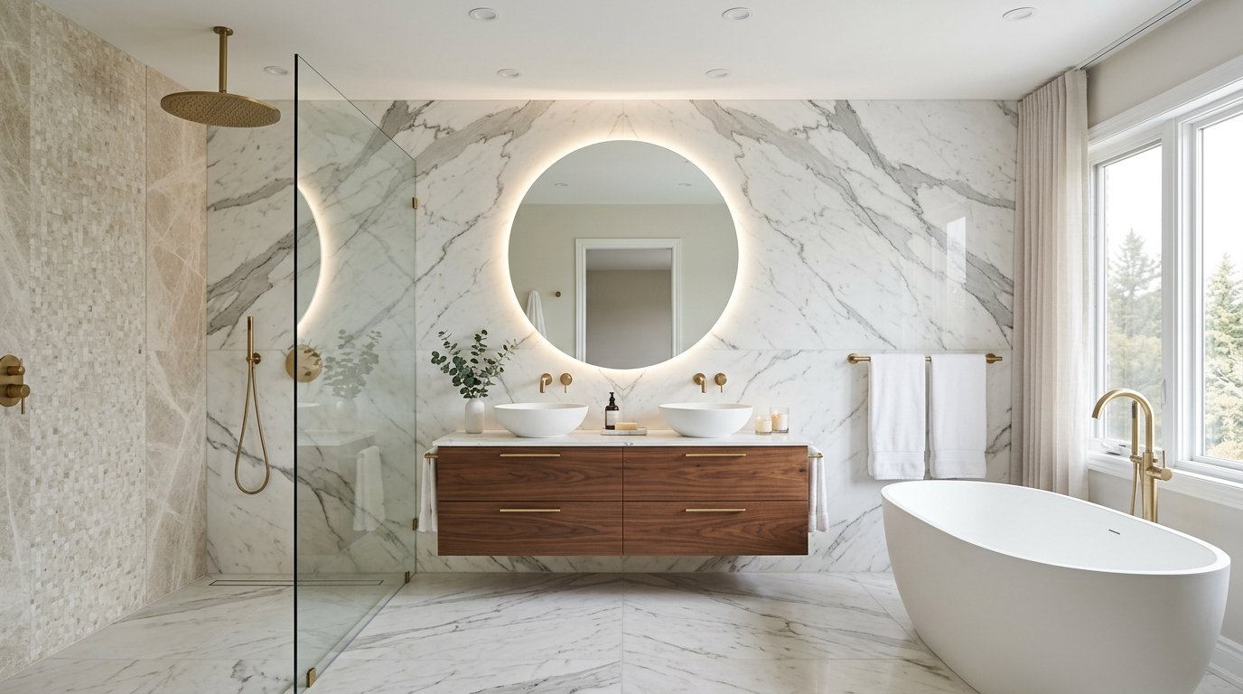 Luxury bathroom renovation with freestanding tub and marble walls