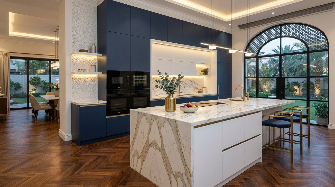 Luxury kitchen remodel with navy cabinetry and marble island