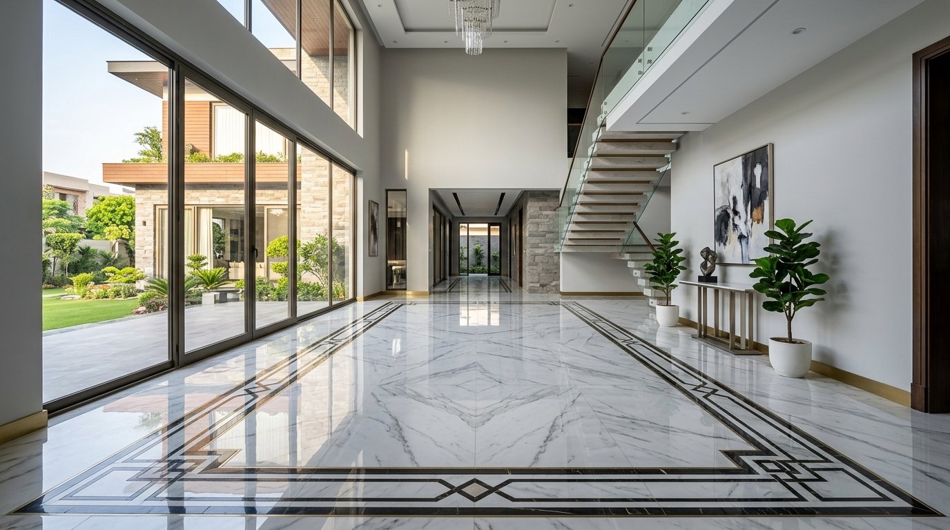 Polished marble flooring with geometric border inlay